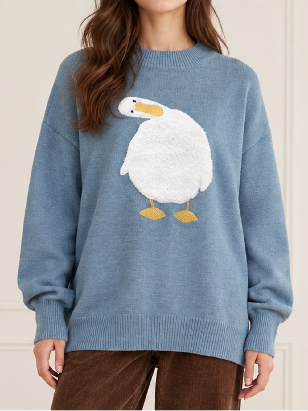 Aelfric Eden Duck Sweater XS Blue Chenille Applique Oversized Crewneck Pullover